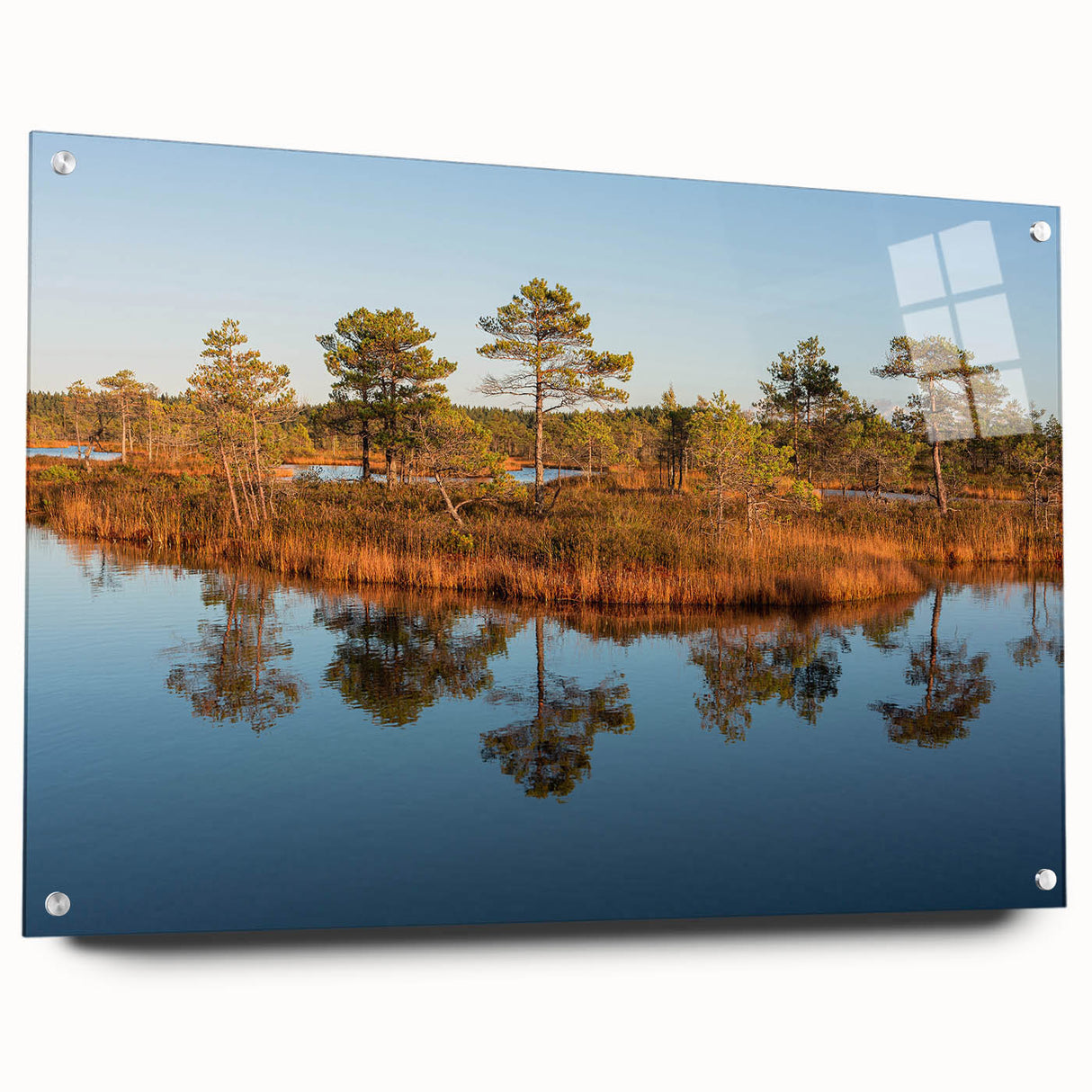 Abstract scenery of a European landscape in muted earth tones on acrylic glass, suitable for bedroom or dining room decor.