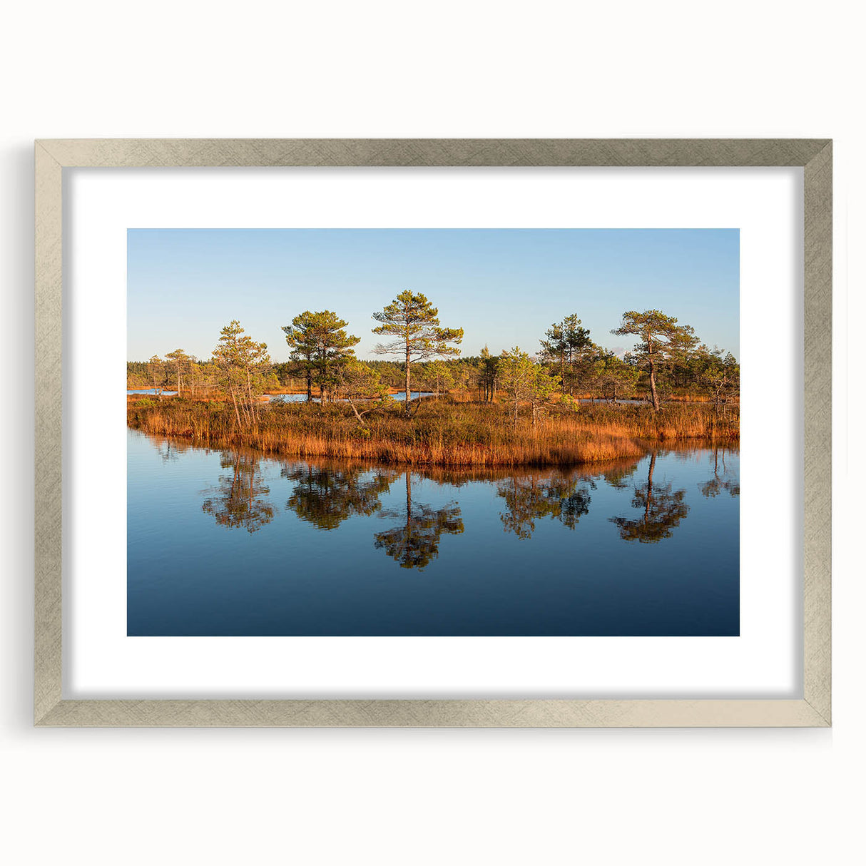 Extra large abstract art print of a European scenery in Latvia, featuring textured silver frame with mat.