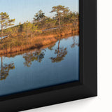 Extra large framed canvas featuring a textured depiction of a European scenery in Latvia with a black and colorful art…
