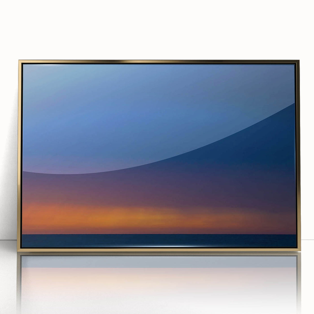 Large abstract wall art depicting a Yucatan scenery in gold and green tones on a framed acrylic.
