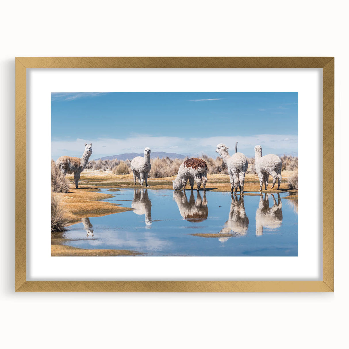 Extra large abstract art print of a Bolivian landscape in textured colors, framed in gold, ideal for living room decor.