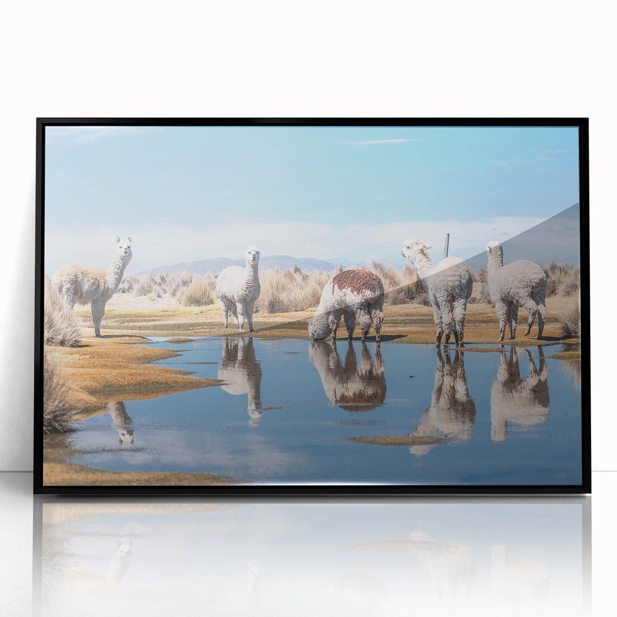 Large abstract wall art depicting a Bolivian landscape in muted earth tones, framed in black acrylic.