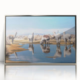 Mid-century modernist art depicting a Bolivian landscape, with muted earth tones on a silver-framed acrylic print.