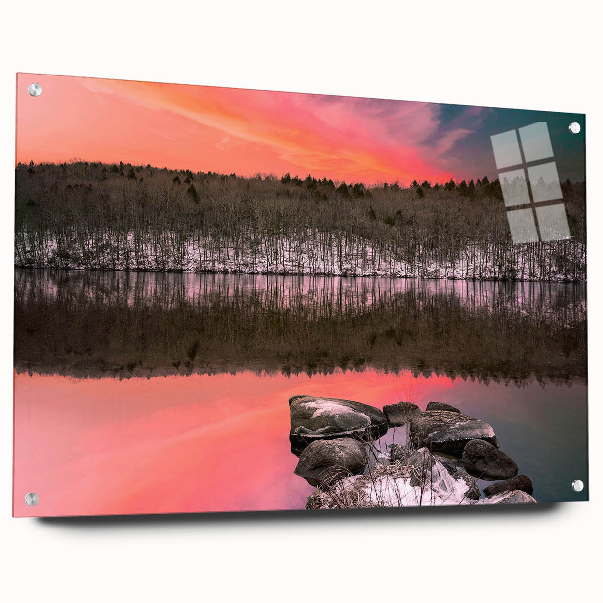 Acrylic print of a large abstract depiction of Connecticut scenery in muted earth tones.