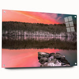 Acrylic print of a large abstract depiction of Connecticut scenery in muted earth tones.