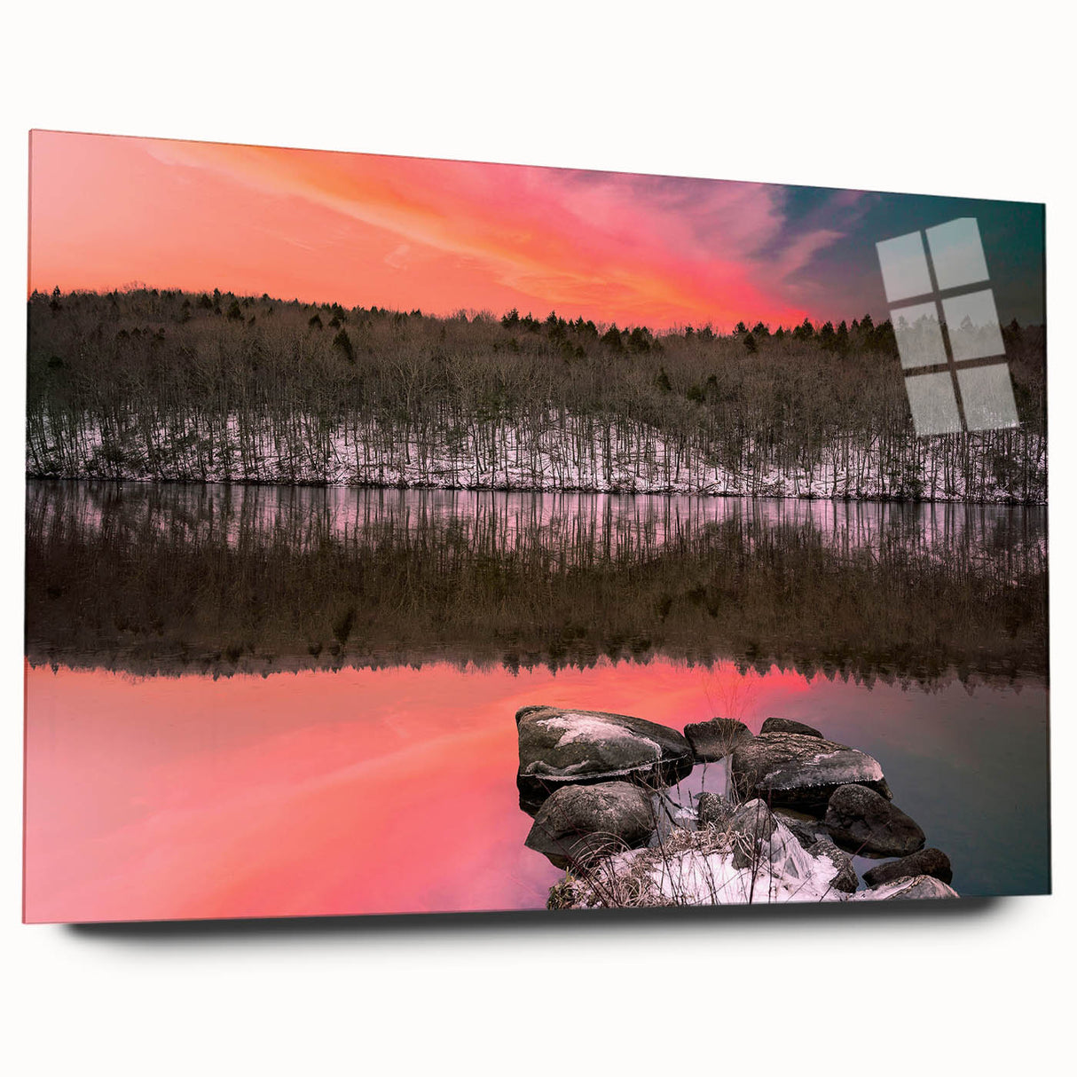 Large abstract wall art of Connecticut scenery in muted earth tones on acrylic glass, ideal for bedroom or dining room decor.