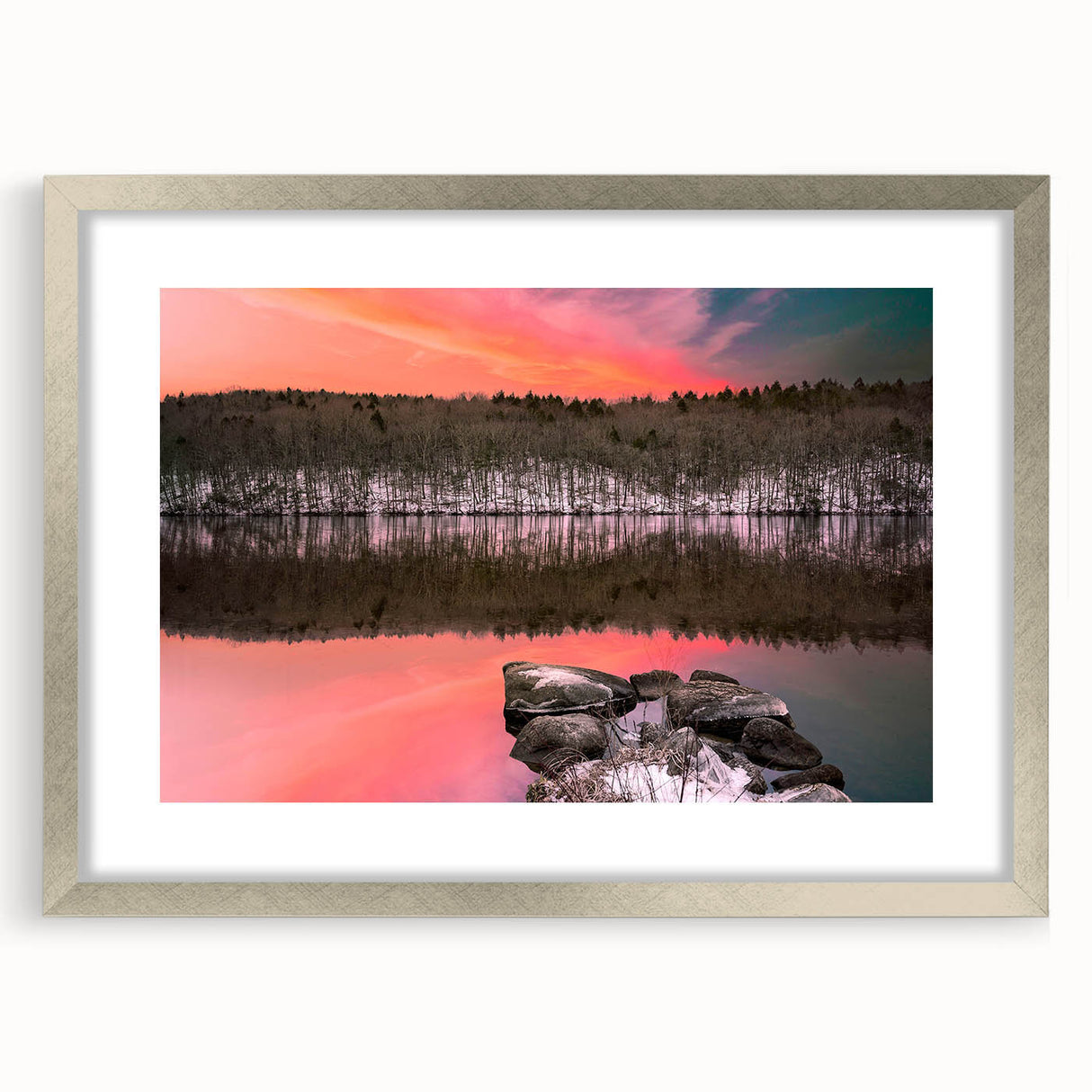 Textured abstract art print of a Connecticut landscape in muted earth tones, framed in silver, ideal for bedroom decor.