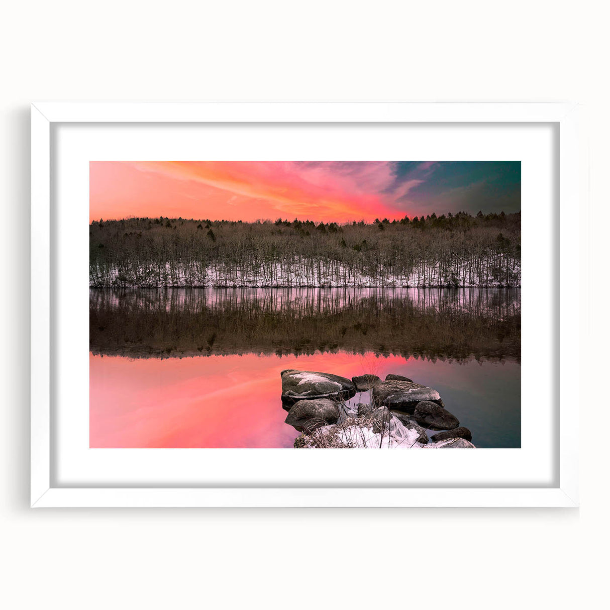 Abstract art print of Connecticut scenery in muted green and blue tones, framed with a white mat.