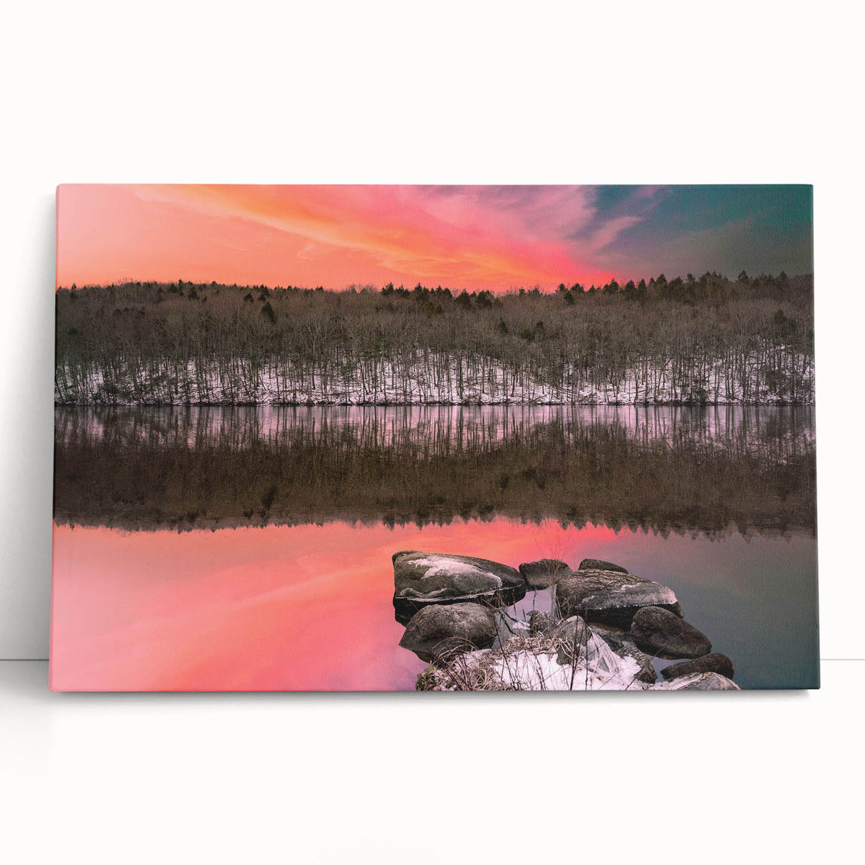 Black and white stretched canvas of a serene Connecticut landscape, ideal for kitchen wall art.