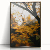 Large art print of a mid-century modernist autumn scene in warm gold tones on acrylic, ideal for nursery wall decor.