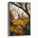Framed canvas depicting a vintage-style landscape with colorful autumn trees against a black background.