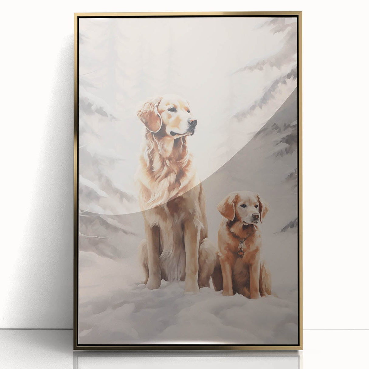 Large art print of a mid-century modernist winter scene in muted blues and whites on framed acrylic.