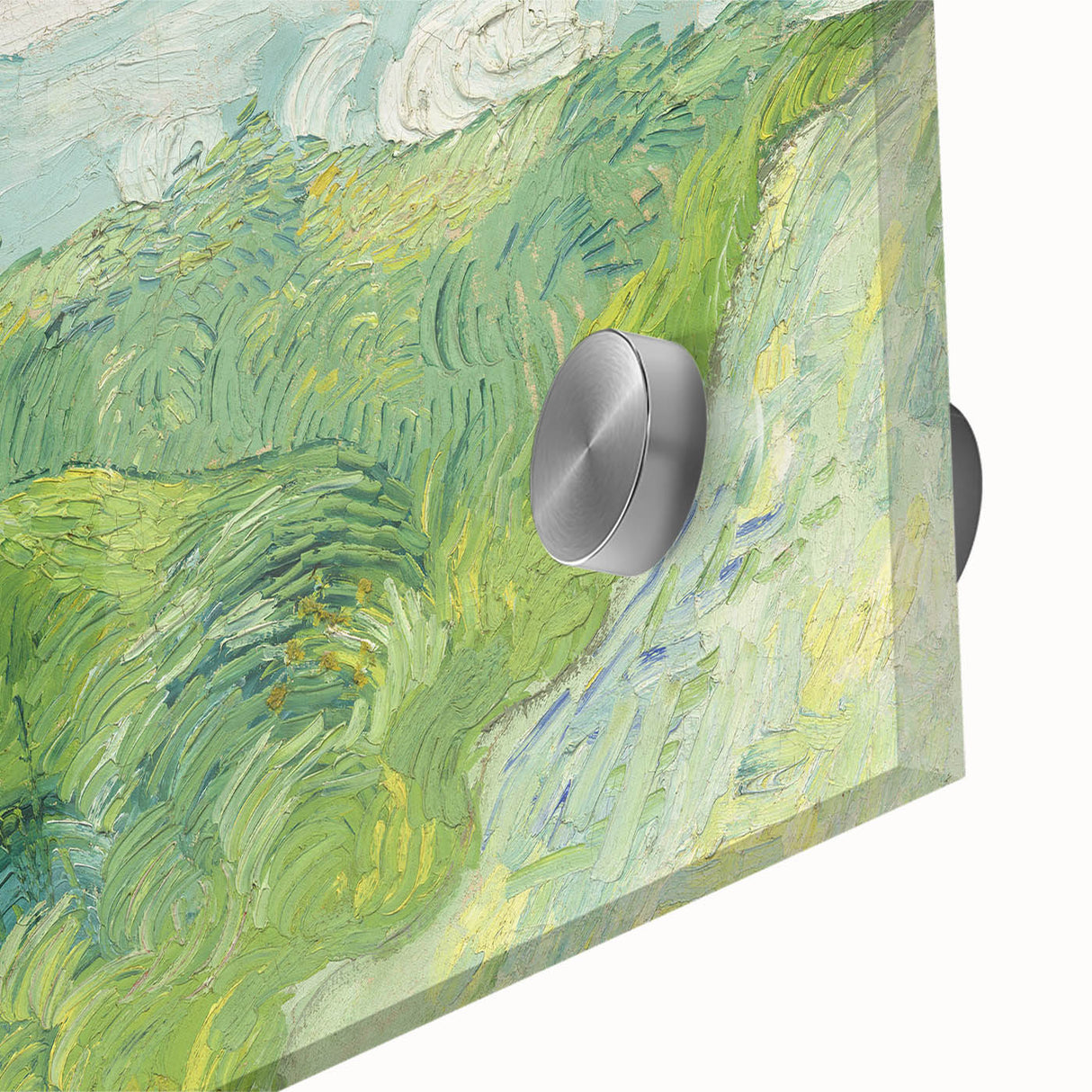 Large abstract wall art print featuring swirling blue and yellow patterns on acrylic glass.