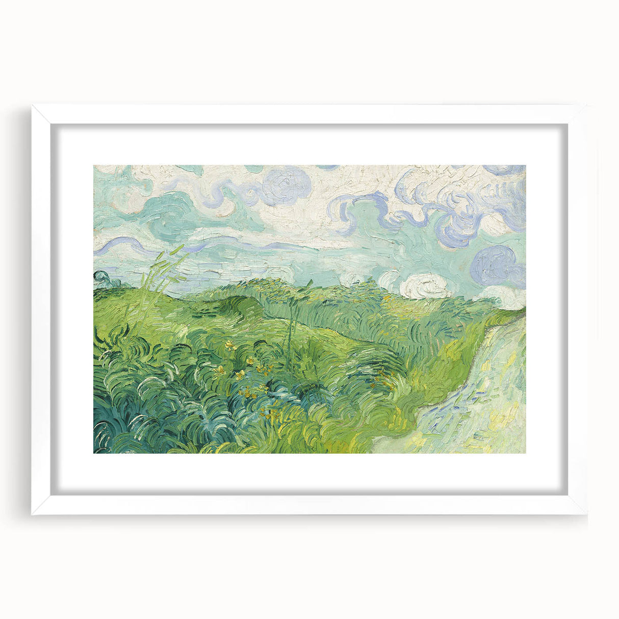 Abstract art print featuring swirling blue and yellow patterns on a white framed canvas.