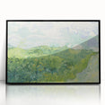 Large abstract wall art featuring swirling blue and yellow patterns, framed in black acrylic.