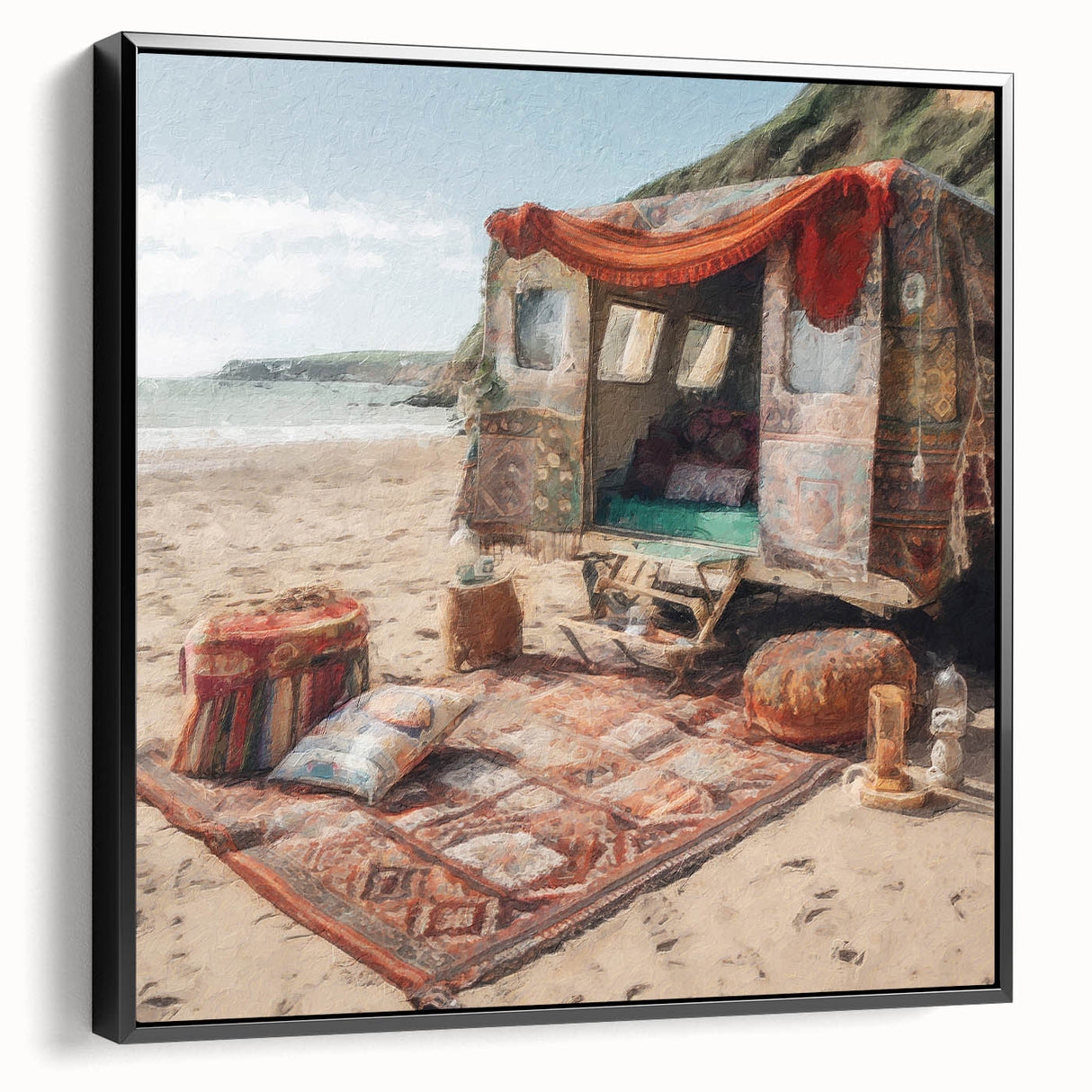 Black and white vintage poster art of a caravan landscape on framed canvas, suitable for bedroom decor.