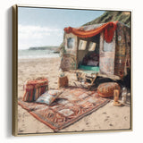 Vintage poster art of a silver and gold caravan landscape on framed canvas, suited for bedroom wall decor.