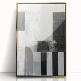 Framed minimalist wall art featuring an abstract design with gold accents, elegantly displayed in a sleek acrylic frame, perfect for modern home decor.