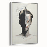 Framed abstract minimalist wall art in a sleek white frame, showcasing a modern design that enhances contemporary interiors, viewed from the side. Perfect for stylish home decor.