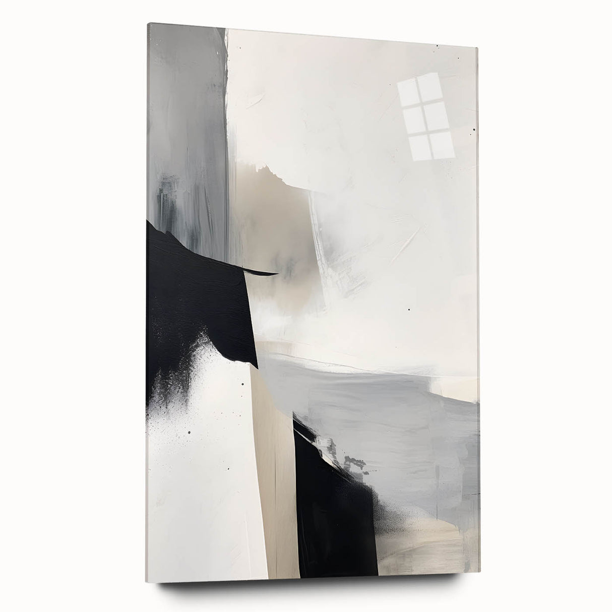 Abstract minimalist wall art displayed in a side view, showcasing an elegant design on acrylic glass, emphasizing sleek lines and soft colors, perfect for modern decor.