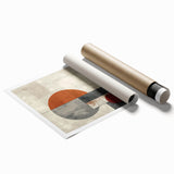 Abstract minimalist wall art print showcasing soft pastel colors and geometric shapes, elegantly rolled and packaged in a protective cardboard tube for easy display.