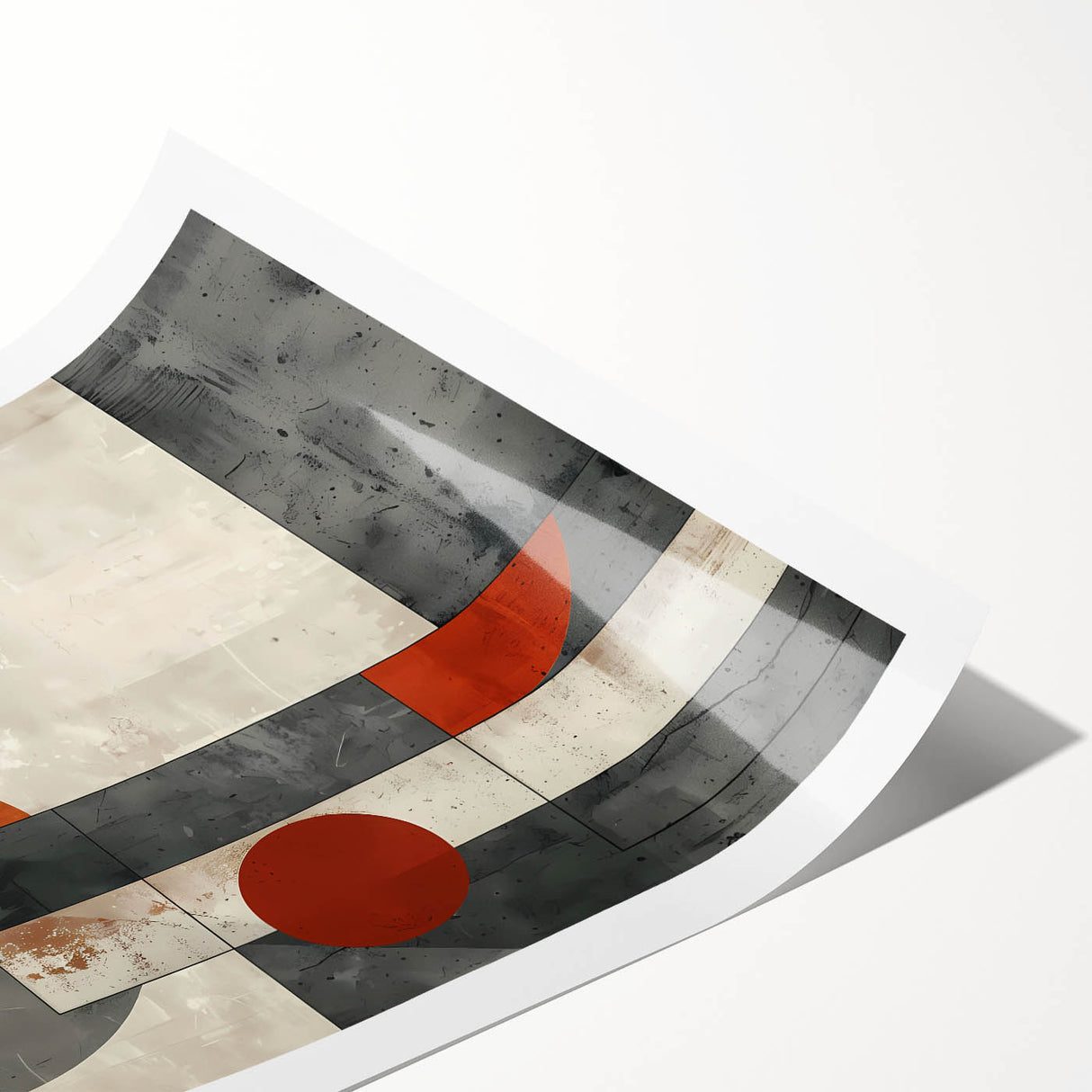 Abstract minimalist wall art print featuring soft pastel colors and geometric shapes, rolled up and ready for display, housed in a protective cardboard tube.