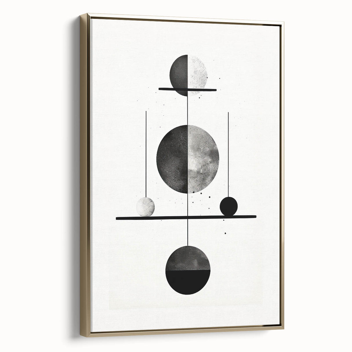 Framed abstract minimalist wall art featuring elegant gold accents against a neutral background, showcasing a sleek side view of the canvas design.