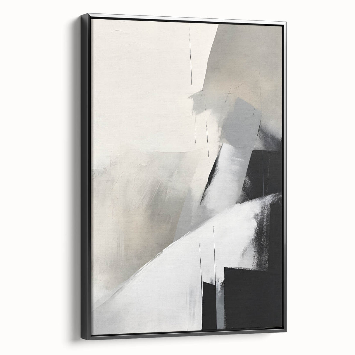 Abstract minimalist wall art featuring a sleek black framed canvas, showcasing a modern design with geometric shapes and soft lines, ideal for contemporary decor.