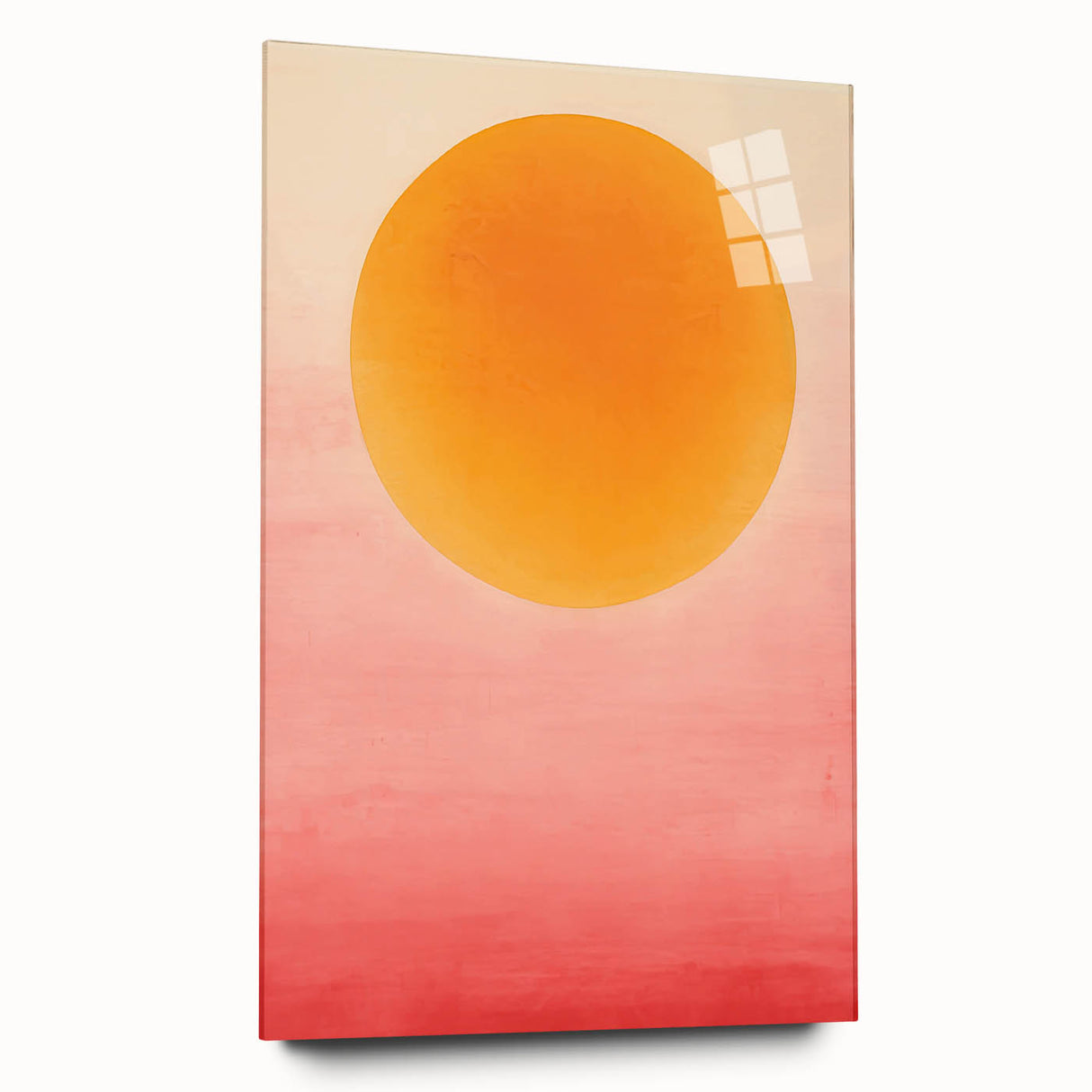 Abstract minimalist wall art featuring bold geometric shapes in soft pastel colors, displayed in a sleek acrylic glass frame, highlighting its modern elegance.