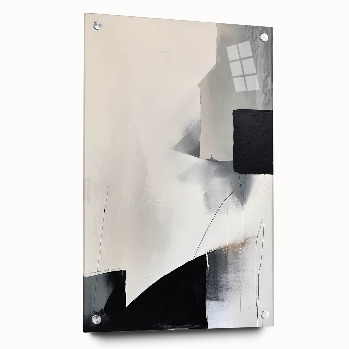 Abstract minimalist wall art piece showcasing vibrant colors and geometric shapes, printed on acrylic glass, perfect for modern home decor.