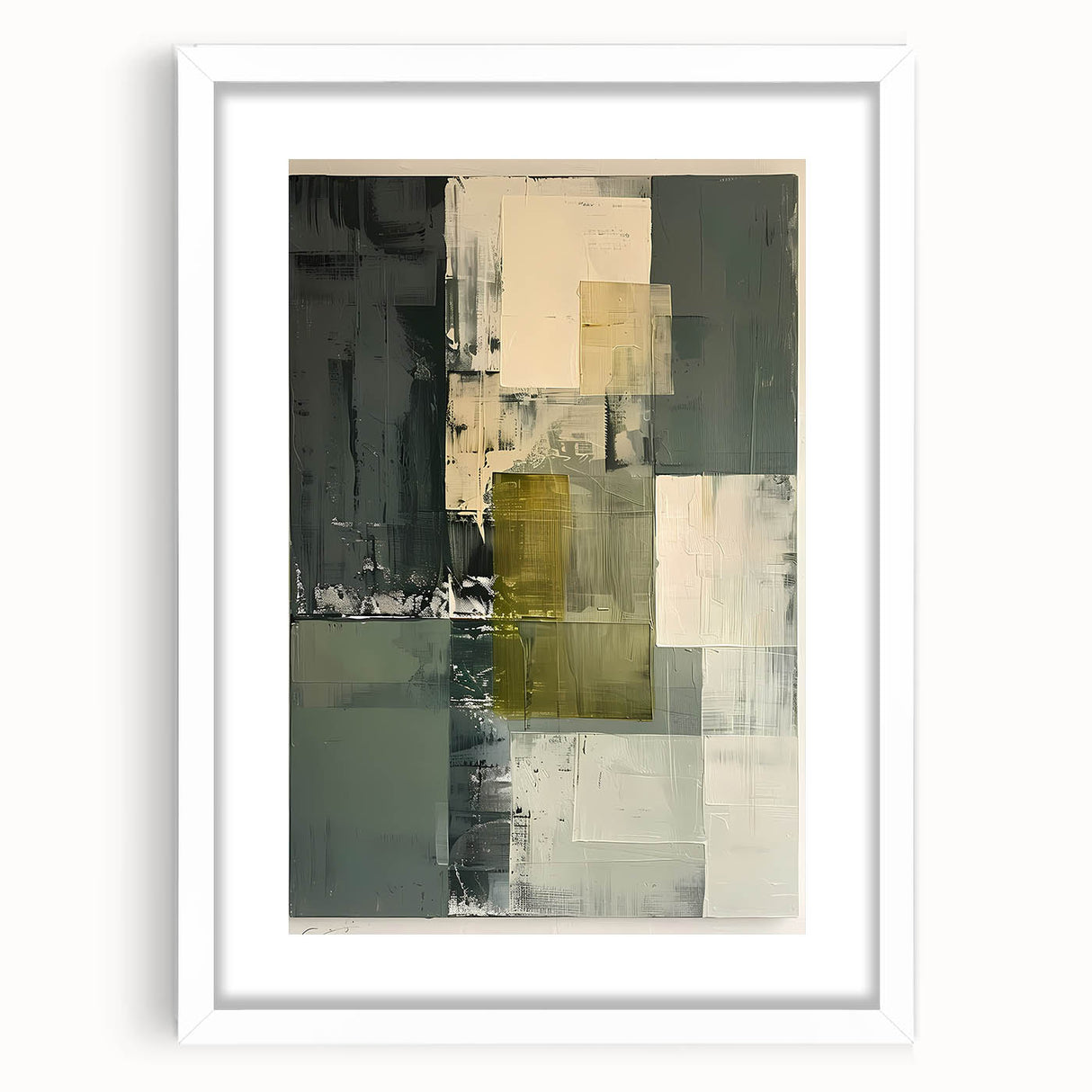 Abstract minimalist wall art framed in white with a mat, showcasing modern geometric shapes and soft color palette, ideal for contemporary home decor.