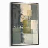 Framed abstract minimalist wall art in black, showcasing geometric shapes and a sleek design, perfect for modern home decor. Side view highlights its elegant framing.