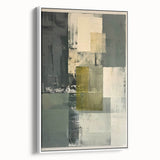 Abstract minimalist wall art featuring a white framed canvas design, showcasing geometric shapes and clean lines, ideal for modern home decor.