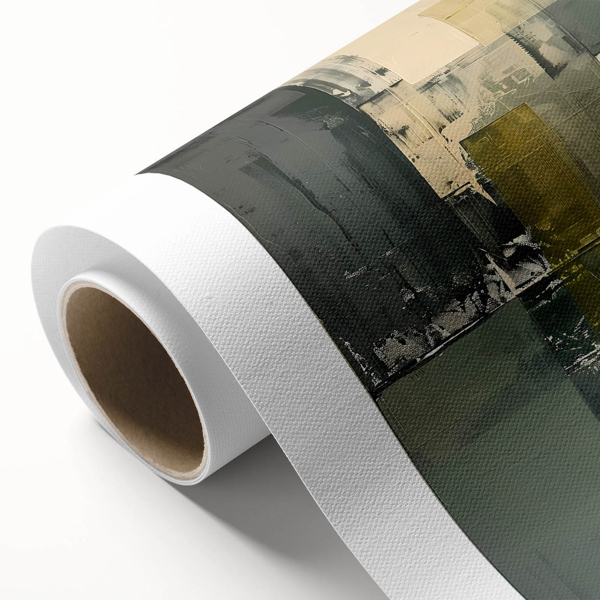 Abstract minimalist wall art print on rolled canvas, showcasing soft pastel colors and geometric shapes, elegantly packaged in a protective cardboard tube for safe transport.