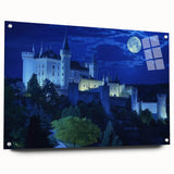 Side view of a stunning acrylic glass landscape featuring a majestic castle, highlighted by vibrant colors and intricate details, mounted securely with pins for display. Perfect for enhancing home decor with a touch of elegance and artistry.