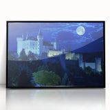 Framed acrylic artwork showcasing a stunning landscape with a medieval castle, featuring a sleek black frame that enhances the vivid colors and intricate details, perfect for home decor.