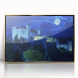 Framed acrylic artwork showcasing a picturesque landscape with a majestic castle, highlighted by a luxurious gold border, perfect for home decor enthusiasts.