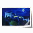 Rolled print showcasing a stunning landscape with a medieval castle surrounded by lush greenery and a vibrant sky, perfect for home decor enthusiasts.