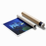 Rolled print showcasing a vibrant landscape featuring a majestic castle surrounded by lush greenery and a clear blue sky, designed for home decor enthusiasts.
