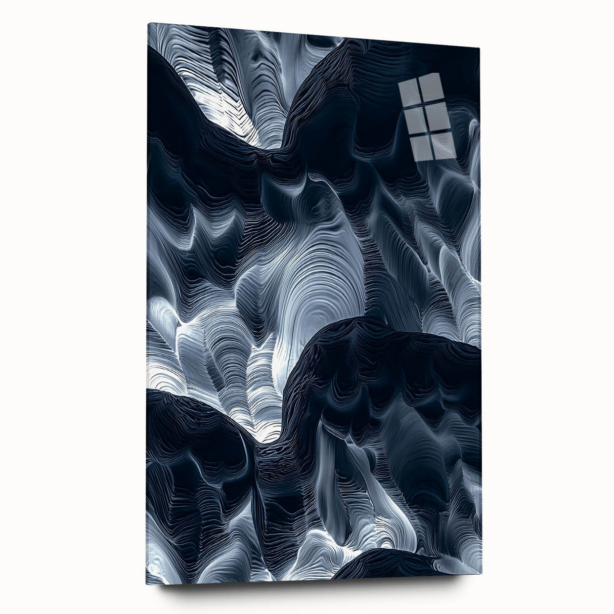 Acrylic glass artwork showcasing a vibrant landscape with intricate cave details, viewed from the side. The design highlights natural elements and textures, perfect for home decor.