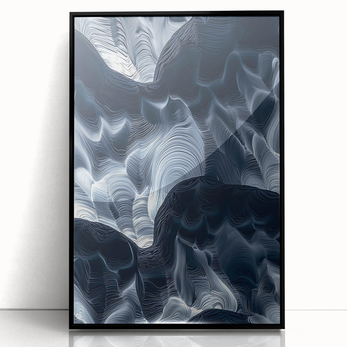 Framed acrylic artwork showcasing a stunning landscape scene featuring intricate cave formations, displayed with a sleek black frame for a contemporary look.