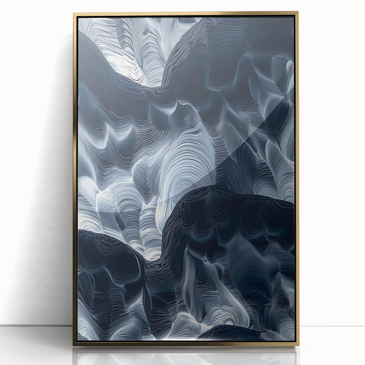 Framed acrylic artwork showcasing a stunning cave landscape with gold accents, ideal for modern home decor. The piece embodies elegance and natural beauty.