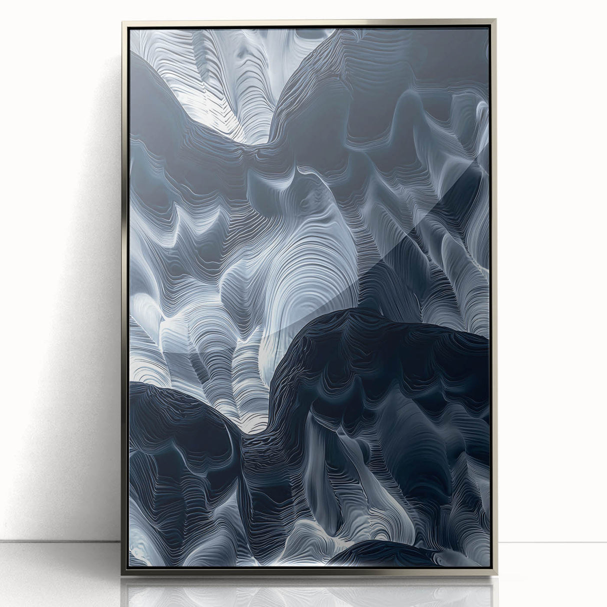 Framed acrylic artwork showcasing a stunning cave landscape with silver accents, ideal for modern decor, emphasizing natural beauty and artistic design.