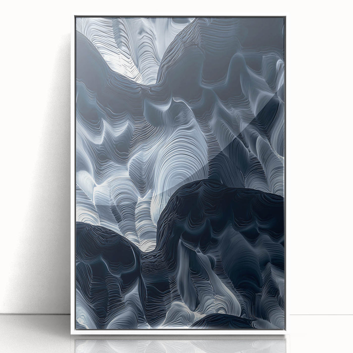 Framed acrylic artwork showcasing a vibrant landscape with caves, featuring a white frame and a clear front view, perfect for enhancing modern interior decor.