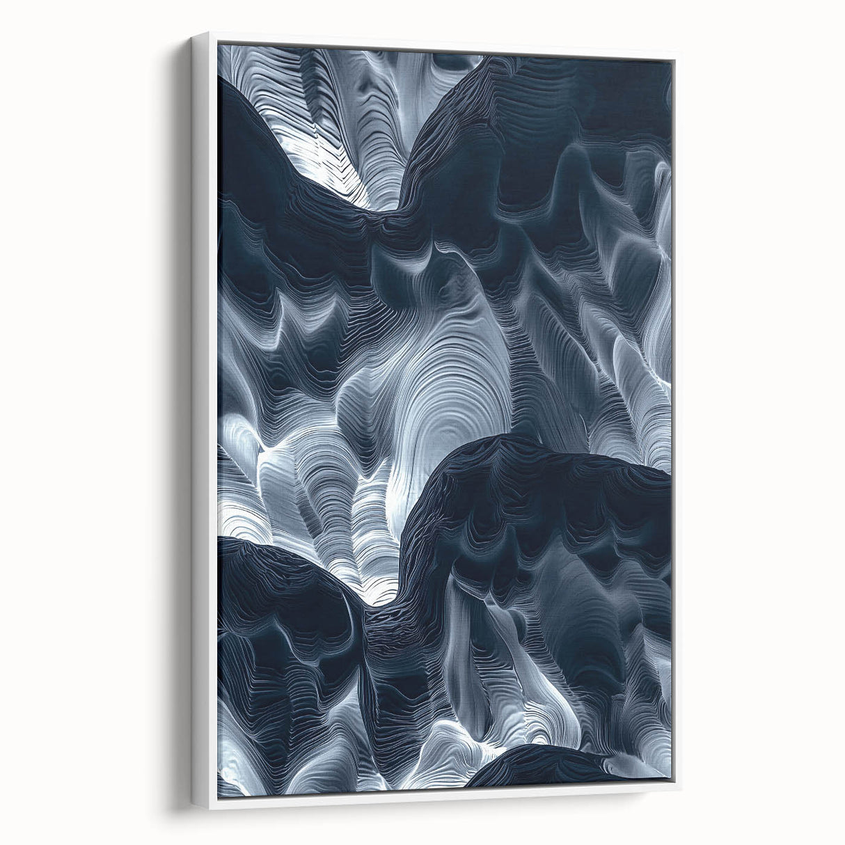 Framed canvas artwork depicting a serene landscape with caves, showcasing earthy tones and intricate details, presented in a stylish white frame, ideal for home decor.
