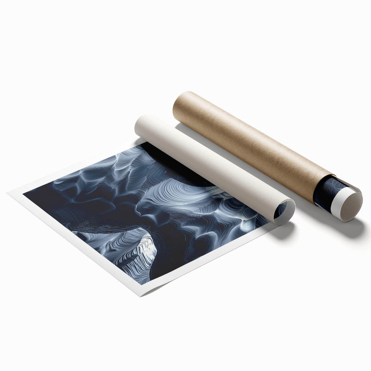 Stunning rolled print showcasing a serene landscape with intricate cave formations, featuring earthy tones and textures, ideal for modern home decor.