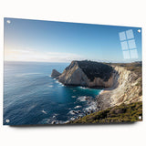 Acrylic landscape artwork showcasing dramatic cliffs in vibrant colors, displayed in a sleek glass frame, emphasizing depth and texture for a modern decor style.