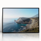 Framed acrylic artwork showcasing a serene landscape of cliffs with a black frame, highlighting natural beauty and artistic detail, perfect for home decor.
