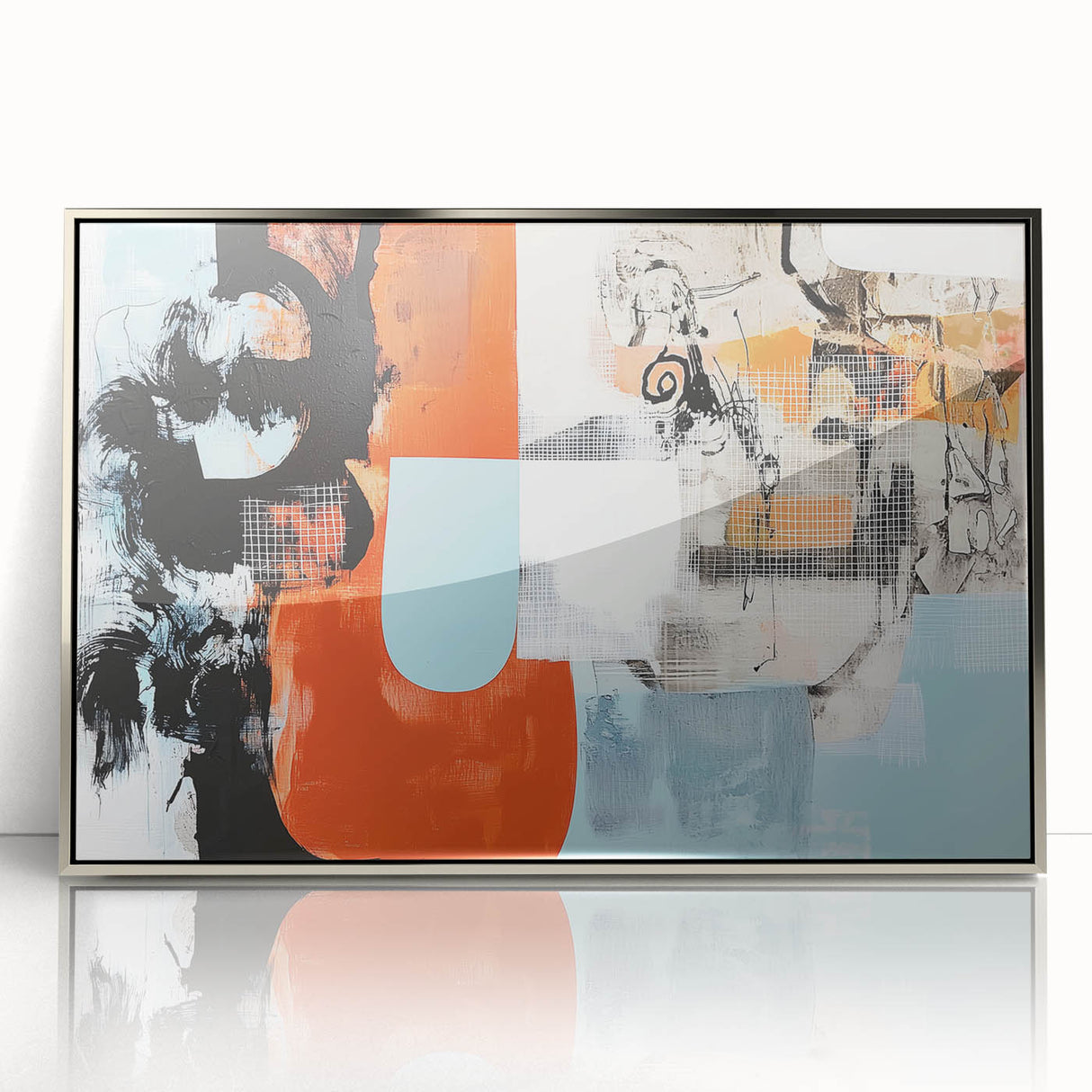 Framed acrylic art piece showcasing an abstract design of colorful splatters in silver, perfect for modern home decor. Ideal for adding a vibrant touch to any living space.