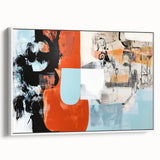 Framed canvas artwork showcasing an abstract design with colorful splatters on a white background, viewed from the side, perfect for modern home decor.